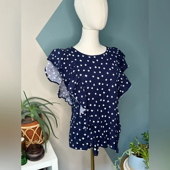 Vineyard Vines Ruffle Sleeve Cotton Top Navy White Dot Print Size M - Picture 11 of 11
